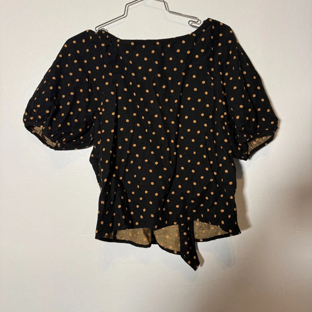 Madewell Wrap Top Womens Small Black Polka Dot Puff Sleeve Corduroy